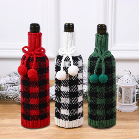 Christmas Wine Bottle Covers Acrylic Knitted Plaid Pattern Pom Pom Decor For Holiday Dining Table Party Decoration