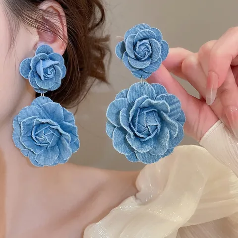 Double Layer Denim Rose Flower Drop Earrings With 925 Sterling Silver Earring Post Sweet Handmade Floral Jewelry For Women