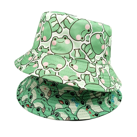 Cute Cartoon Frog Pattern Bucket Hat Breathable Sunshade Beach Basin Cap For Women Summer Outdoor Travel