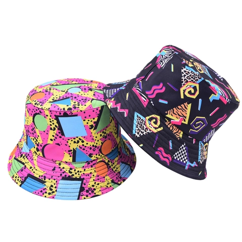 Cappello A Secchiello Cotone Reversibile Protezione Solare All Aperto Retro Stampa Geometrica Streetwear Unisex