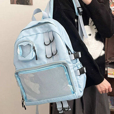 Sac À Dos En Nylon Grande Capacité Pour Filles Style Japonais Sac Ita Avec Fenêtre Coeur Et Poche Filet Sac D'école
