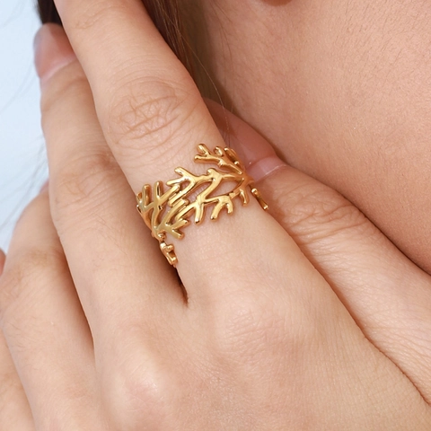 Korallenzweig Edelstahl Ring Für Damen Vergoldet Nischen Design High End Wasserdicht Hypoallergen Schmuck Geschenk