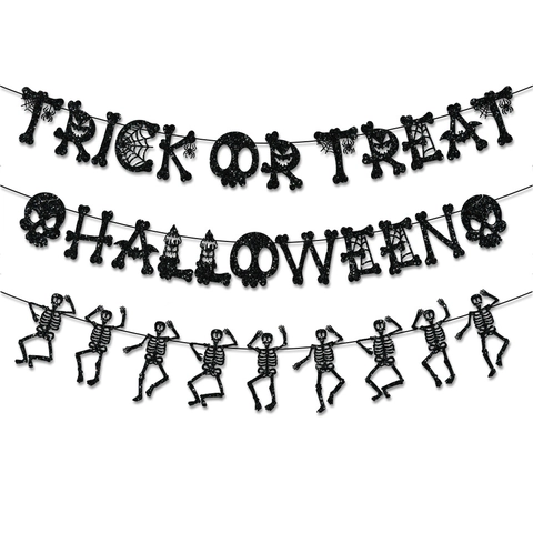 Halloween Banner Schwarz Glitzer Papier Trick Or Treat Halloween Girlande Skelett Hängende Dekoration Gruselige Party Heim