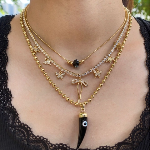 Collana Multistrato in Rame Placcato Oro di Lusso per Donna AAA Zirconia Farfalla Malocchio Ciondolo Corno Nero Gioielli