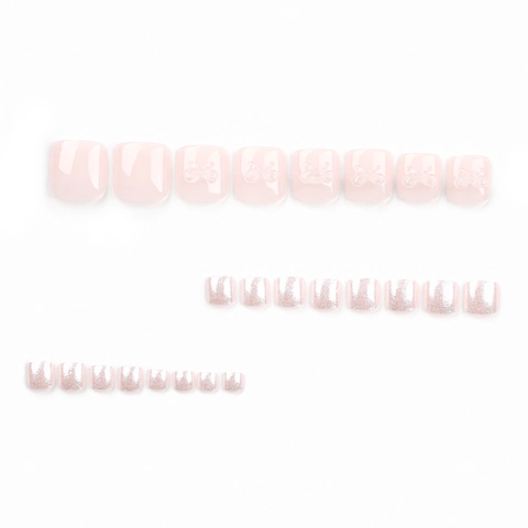 Künstliche Fußnägel Zum Aufkleben Weiße Schleife Silber Glitzer Rosa Glänzend Quadratisch Abnehmbare Fußnägel Frauen