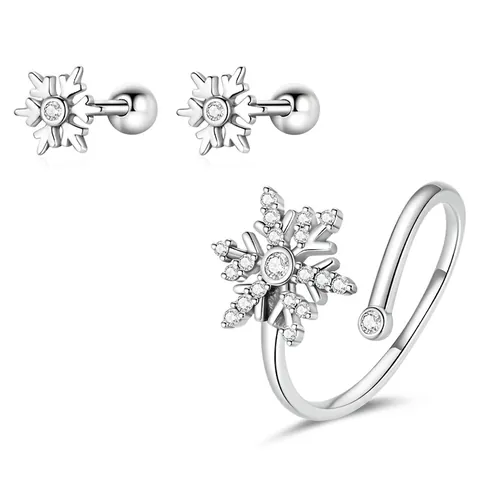 925 Sterling Silver Snowflake Jewelry Set For Women Zirconia Inlaid Stud Earrings Adjustable Open Ring Elegant Winter Gift