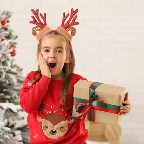 Christmas Reindeer Antler Headband With Glitter Sequins And Faux Fur For Holiday Party Costume Women Kids