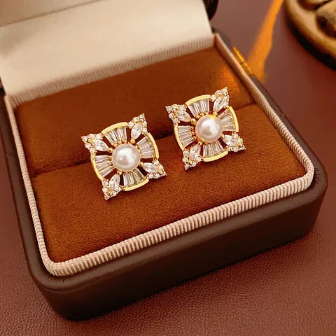 Square Artificial Pearl Stud Earrings With Zircon And Silver Earring Post Vintage Luxury Geometric Copper Jewelry For Women