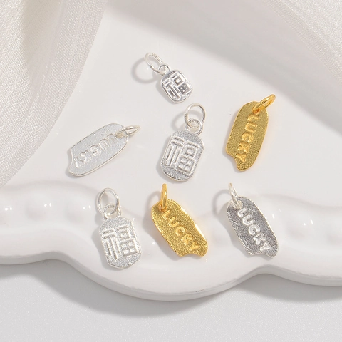 Ciondolo Lucky in Argento Sterling 925 Rettangolo Carattere Fortuna Per Creazione Gioielli Fai Da Te Donna Accessorio Moda Vintage