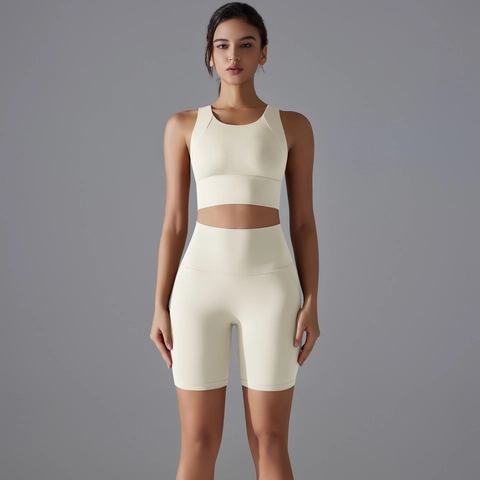 Damen Yoga Racerback Sport BH Und High Waist Radlerhose Nahtlos Nylon Spandex Workout Fitness Gym Outfit