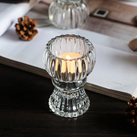 Ribbed Glass Candle Holder Retro Transparent Vertical Striped Skirt Shape Candle Cup Table Decoration For Home Wedding