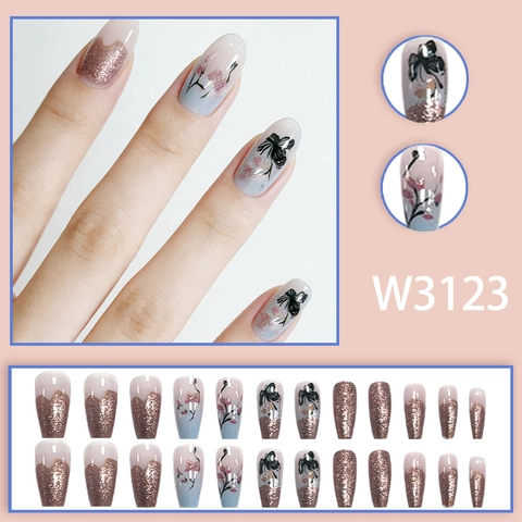 Press On Nails Long Coffin Shape Peach Blossom Butterfly Bow Rose Gold Glitter French Gradient Artistic Style For Women