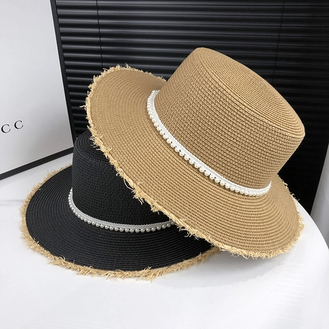 Women Woven Straw Boater Hat Flat Top Wide Brim Artificial Pearl Decor Frayed Edge UV Protection Beach Sunshade