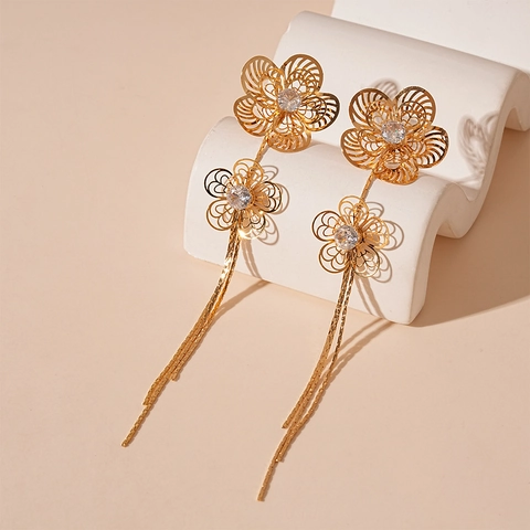Hollow Flower Long Tassel Drop Earrings Copper Zircon Elegant Gold Plated Jewelry With Silver Earring Post For Women