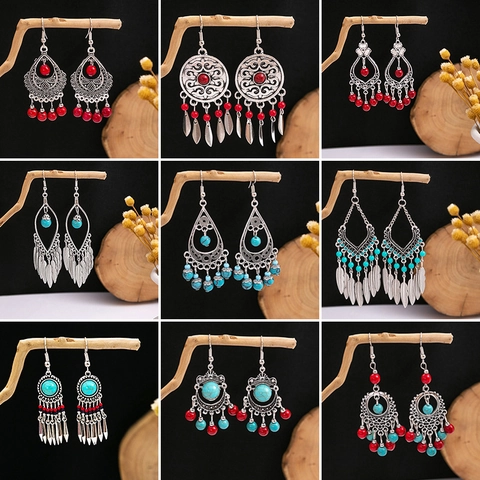Bohemian Ethnic Dangle Earrings Zinc Alloy Hollow Design With 925 Sterling Silver Earring Post Vintage Turquoise Tassel
