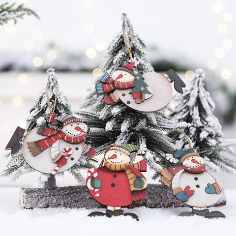 Christmas Wooden Snowman Hanging Ornaments Colorful Printed Wood Pendants Holiday Xmas Tree Window Door Decor