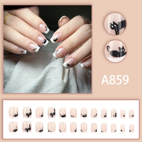Unghie Finte Press On Gatto Nero Cartone Animato French Tip Bianco Corto Quadrato Motivo Zampa Di Gatto Per Donne