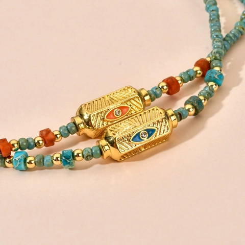 Bohemian Vintage Turquoise Kralenketting Met Verguld Metalen Boze Oog Hanger Handgemaakte Etnische Stijl Sieraden Voor Vrouwen