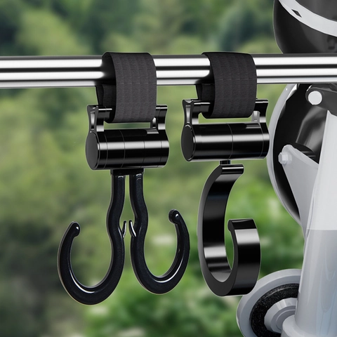 Ganchos Multifuncionales Para Cochecito Giratorios Resistentes Gancho Universal Para Manillar De Bicicleta Moto Con Correa De Nailon Ajustable Negro