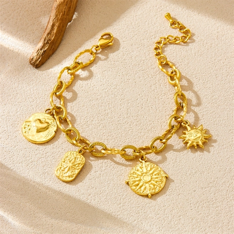 Bracciale Con Ciondoli In Acciaio Inossidabile Placcato Oro Per Donna Vintage Sole Cuore Stella Gioielli