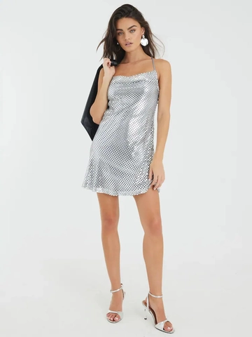 Sexy Sequin Mini Dress For Women Spaghetti Strap Bodycon Clubwear Party Sleeveless Backless Shiny Silver Polyester