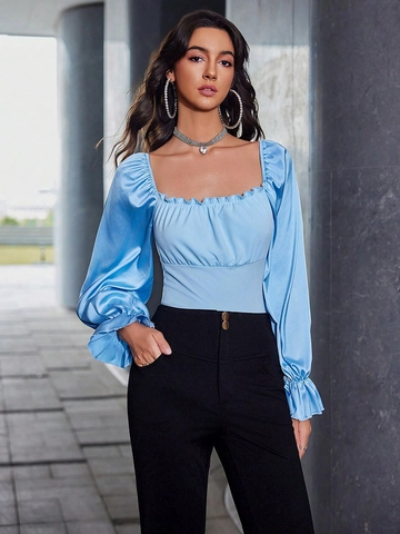Sexy Damen Bodysuit Mit Quadratischem Ausschnitt Und Satin Puffärmeln Rückenfrei Schnürung Hinten Langarm Top Romper