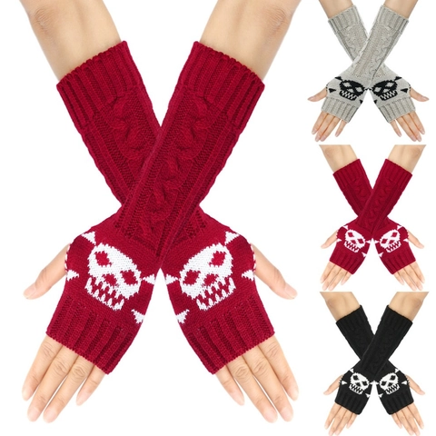 Skull Pattern Fingerless Gloves Punk Style Knit Arm Warmers For Women Men Halloween Thermal Acrylic Hand Sleeves