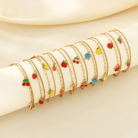 Bracelet De Cheville Double Couche Acier Inoxydable Avec Pendentifs Fruits Émail Cerise Fraise Pomme Pitaya Bijou Pied