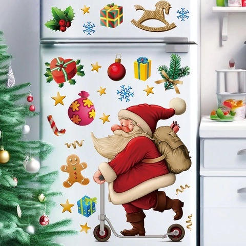 Weihnachten Wandaufkleber Weihnachtsmann Auf Roller Schneeflocken PVC Selbstklebende Fensterbilder Für Heimdeko