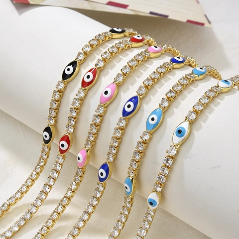Bracciale Turco Malocchio in Rame con Zirconia Catena Tennis Placcato Oro 18K Geometrico Smalto Regolabile Gioielli Moda Donna