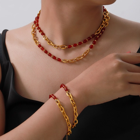 Vintage New Chinese Style Titanium Steel Gold Plated Agate Jewelry Set With Pomegranate Seed Pendant Necklace And Bracelet