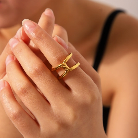 Bague Nœud Tressé Acier Inoxydable Plaqué Or Géométrique Creux Étagé Ajustable Ouvert Bijoux Minimalistes Femmes