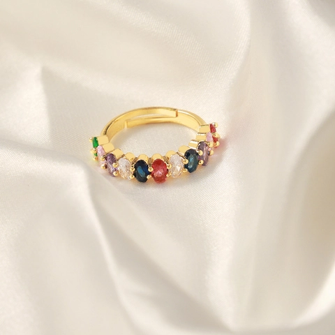 Colorful Cubic Zirconia Eternity Ring Copper Gold Plated Adjustable Open Baguette Cut Geometric Luxury Jewelry Women