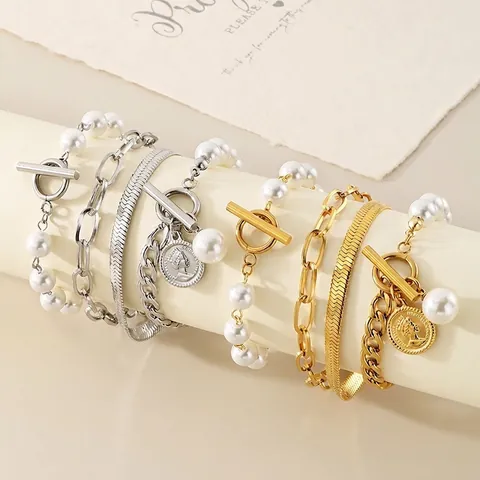 Bracciale A Catena Serpente In Acciaio Inossidabile Con Perla Artificial Di Conchiglia E Pendente A Moneta Gioielli Sovrapponibili Per Donna
