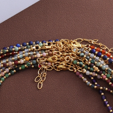 Natural Stone Beaded Necklace For Women Faceted Gemstone Boho Choker With Gold Plated Adjustable Chain