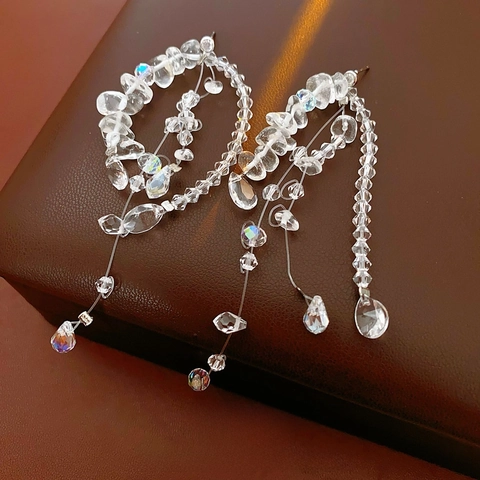 Irregular Waterdrop Tassel Dangle Earrings Clear Glass Crystal Beads With Silver Earring Post For Women Fashion