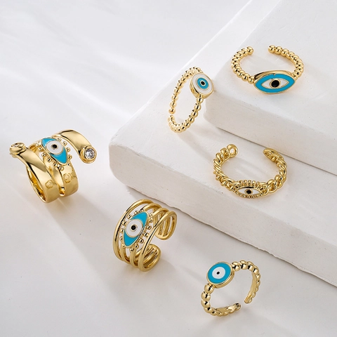 Evil Eye Verstellbarer Offener Ring Kupfer 18K Vergoldet Emaille Zirkon Geometrischer Böhmischer Schmuck Für Frauen