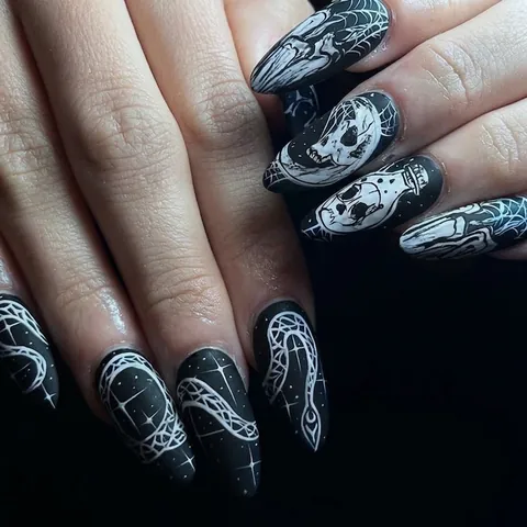 Unghie Finte Press On Nero Opaco Motivo Gotico Teschio Serpente Mandorla Lunghe Halloween Party Stile Scuro