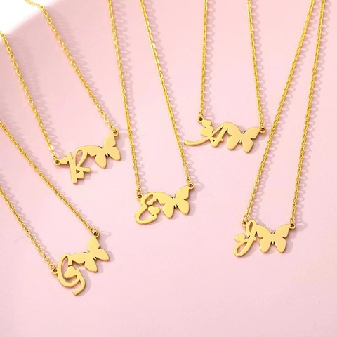 Vlinder Alfabet Initiaal Hanger Ketting Roestvrij Staal Verguld Minimalistische Elegante Mode Sieraden Voor Dames