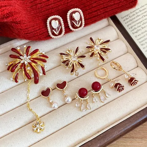 Vintage Französische Rote Emaille Blumen Herz Ohrringe Mit Silber Ohrstecker Elegante Künstliche Perle Zirkonia Schmuck Für Damen