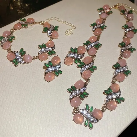 Collana Bracciale Orecchini Vintage Fiori Resina Rosa Foglie Verdi Strass Lega Perno Orecchini Argento Sterling 925