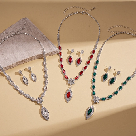 Collier Et Boucles D'oreilles Luxueux En Strass Base En Cuivre Marquise Goutte D'eau Bijoux Soirée Mariage Vintage Femmes