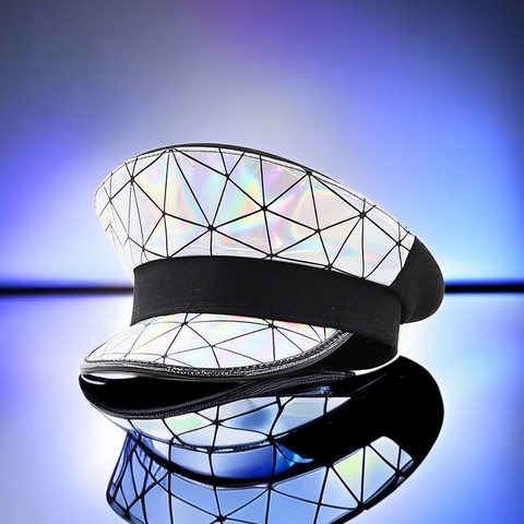 Holographic Laser PU Leather Military Captain Hat Geometric Triangle Pattern Shiny Flat Top Party Cosplay For Women
