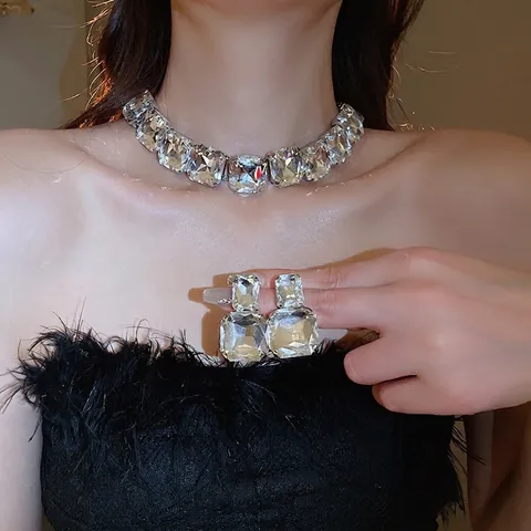 Collar Y Pendientes De Estrás De Lujo Choker De Cristal Cuadrado Joyería De Fiesta Boda Para Mujeres