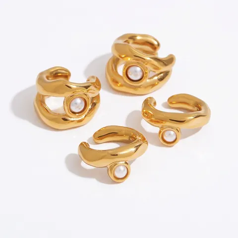 French Retro Stainless Steel Artificial Pearl Ear Cuffs Gold Plated Irregular Wave Non Piercing Clip Earrings For Women