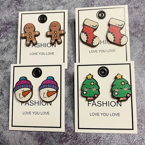 Christmas Stud Earrings Wood Cartoon Gingerbread Snowman Santa Reindeer With Steel Earring Post Cute Festival Jewelry