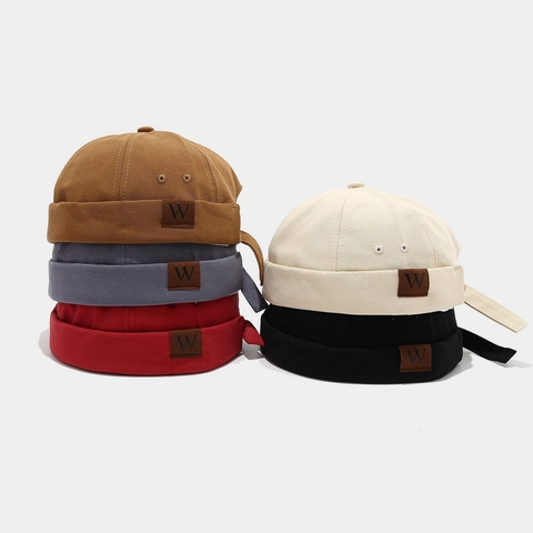 Brimless Docker Hat Cotton Canvas Retro Miki Cap With W Letter Leather Patch Adjustable For Men And Women