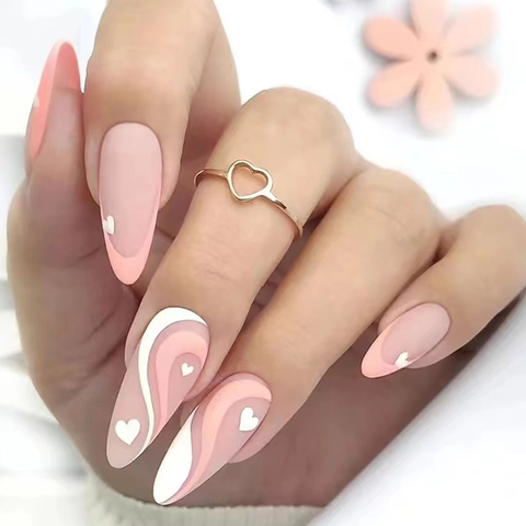 Unghie Finte A Mandorla Opache Rosa Onda Francese Design Cuore Bianco Unghie Artificiali Stile Romantico Bellezza