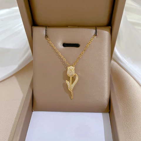 Tulpenbloem Hanger Ketting Met Roestvrijstalen Ketting En Koperen Microgezette Zirkonia Sierlijke Sieraden