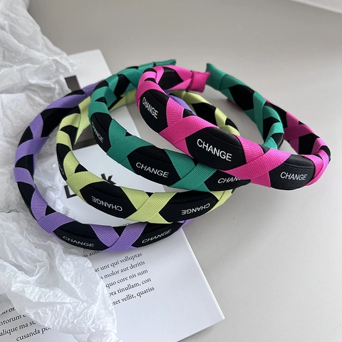 Retro Braided Headband Fabric Cross Weave Letter Print High Top Candy Color Hair Band For Women